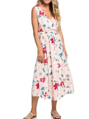 Roxy Floral Midi Dress in Cream, Pink and Teal